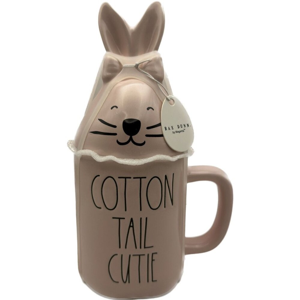 New Rae Dunn Easter Bunny Rabbit Mug‎ Cotton Tail Cutie Figural Topper Lid Pink